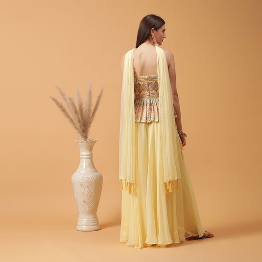 Pannkh Luxe Pastel Lemon Peplum Top with Sharara and Dupatta Set