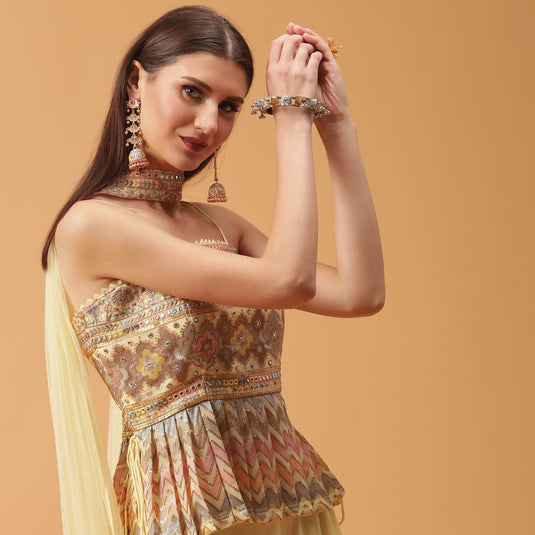 Pannkh Luxe Pastel Lemon Peplum Top with Sharara and Dupatta Set