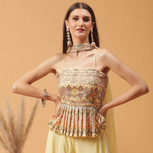 Pannkh Luxe Pastel Lemon Peplum Top with Sharara and Dupatta Set