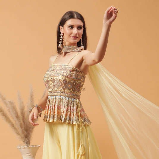 Pannkh Luxe Pastel Lemon Peplum Top with Sharara and Dupatta Set