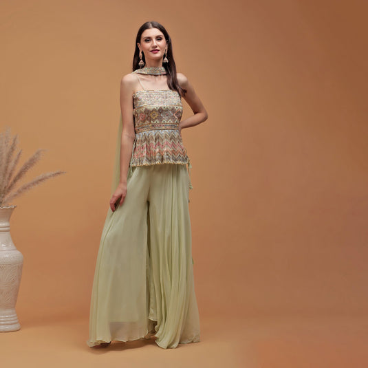 Pannkh Luxe Pastel Pista Peplum Top with Sharara and Dupatta Set