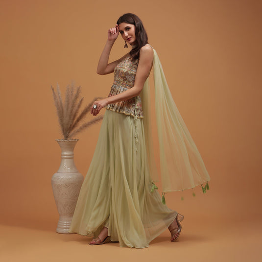 Pannkh Luxe Pastel Pista Peplum Top with Sharara and Dupatta Set