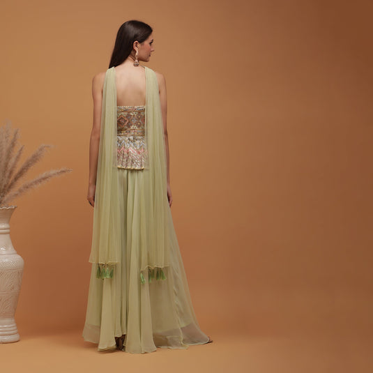 Pannkh Luxe Pastel Pista Peplum Top with Sharara and Dupatta Set