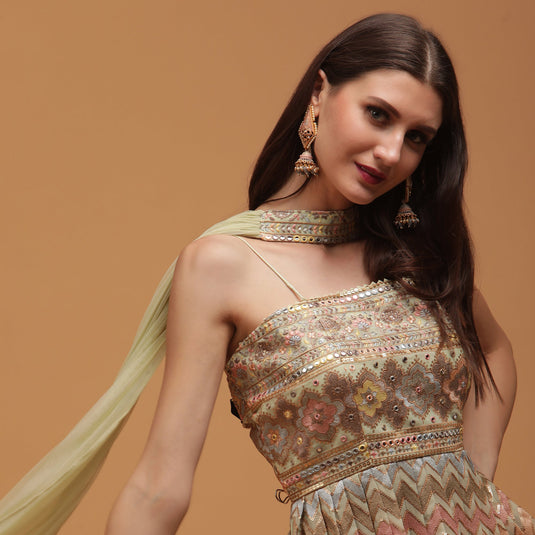 Pannkh Luxe Pastel Pista Peplum Top with Sharara and Dupatta Set