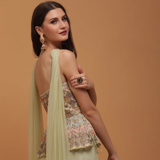 Pannkh Luxe Pastel Pista Peplum Top with Sharara and Dupatta Set