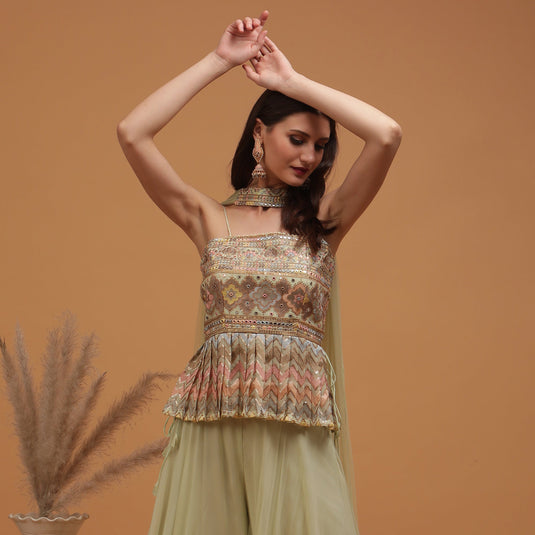 Pannkh Luxe Pastel Pista Peplum Top with Sharara and Dupatta Set