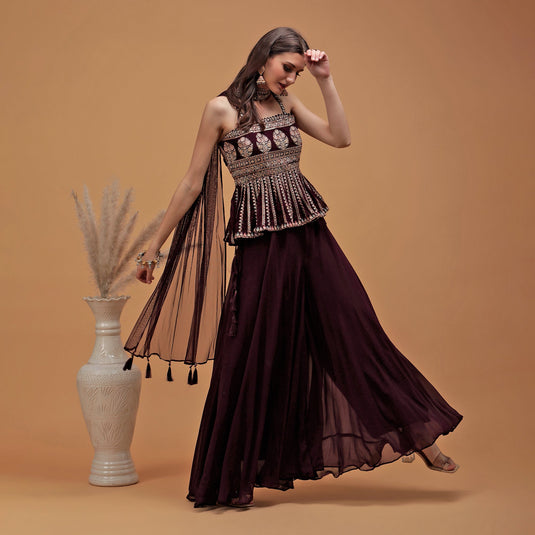 Pannkh Luxe Burgundy Embroidered Peplum with Sharara and Dupatta Set