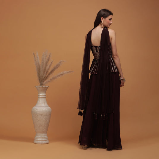 Pannkh Luxe Burgundy Embroidered Peplum with Sharara and Dupatta Set