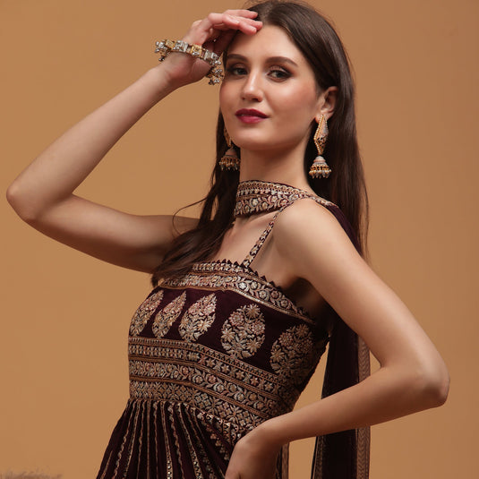 Pannkh Luxe Burgundy Embroidered Peplum with Sharara and Dupatta Set