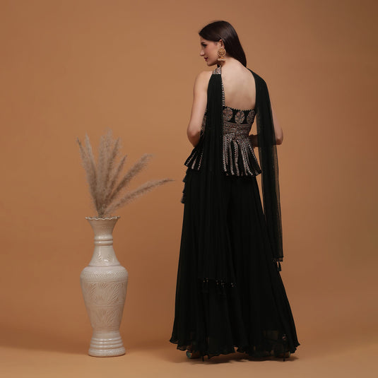 Pannkh Luxe DarkGreen Embroidered Peplum with Sharara and Dupatta Set