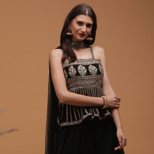 Pannkh Luxe DarkGreen Embroidered Peplum with Sharara and Dupatta Set