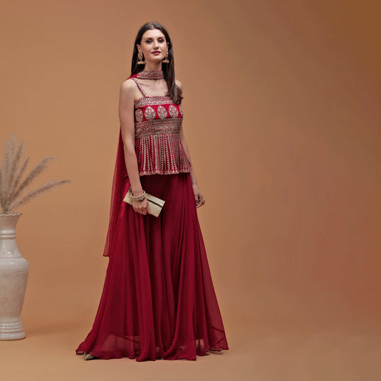 Pannkh Luxe Rani Embroidered Peplum with Sharara and Dupatta Set