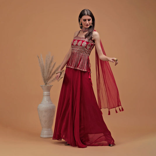 Pannkh Luxe Rani Embroidered Peplum with Sharara and Dupatta Set