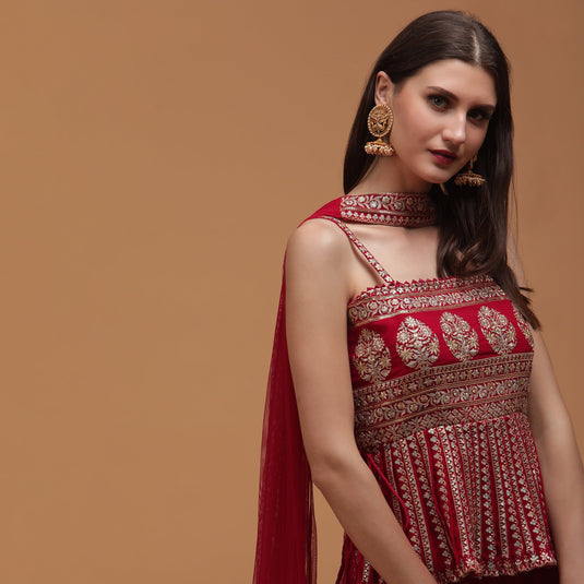 Pannkh Luxe Rani Embroidered Peplum with Sharara and Dupatta Set