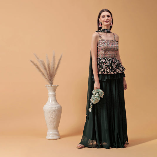 Pannkh Luxe Dark Green Embroidered Peplum with Sharara and Dupatta Set