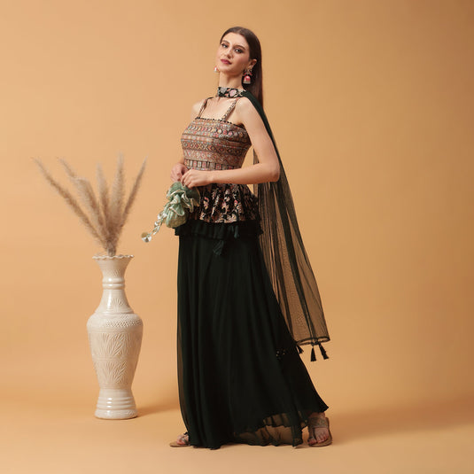 Pannkh Luxe Dark Green Embroidered Peplum with Sharara and Dupatta Set