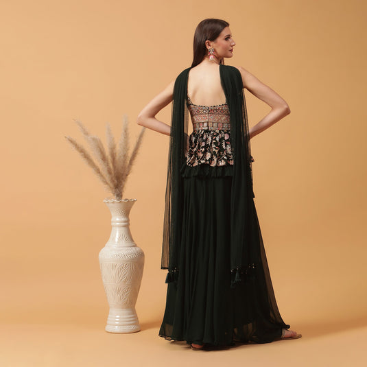 Pannkh Luxe Dark Green Embroidered Peplum with Sharara and Dupatta Set