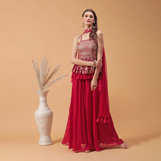 Pannkh Luxe Rani Embroidered Peplum with Sharara and Dupatta Set