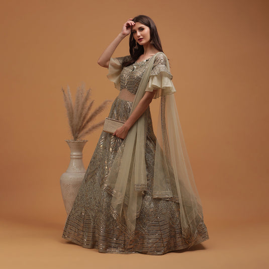 Pannkh Luxe Dusty Green Coloured Sequinned Lehenga with Dupatta Set