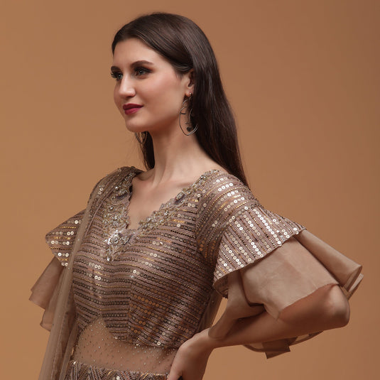 Pannkh Luxe Champagne Coloured Sequinned Lehenga with Dupatta Set