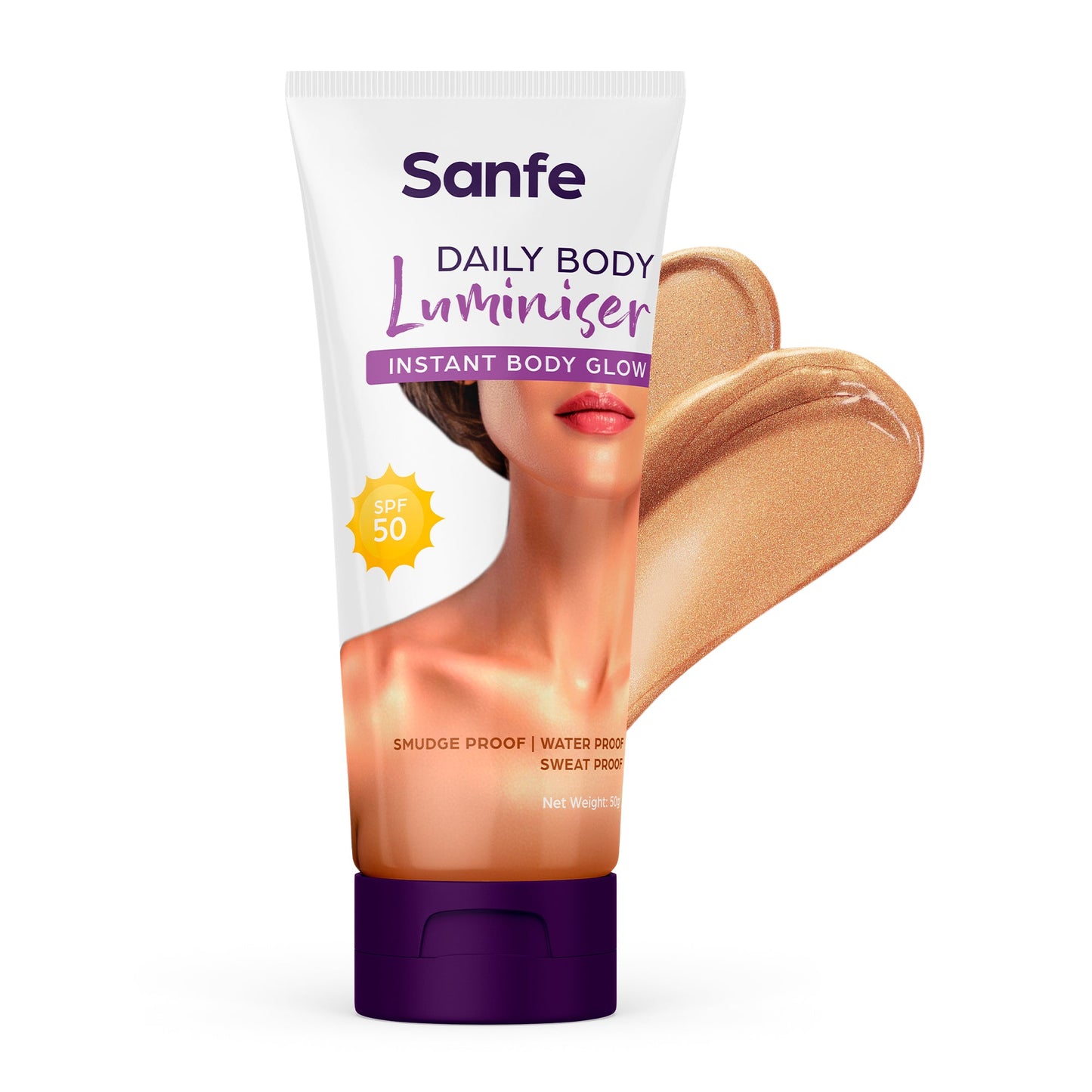 Sanfe Daily Body Luminiser | Instant Body Highlighter For Women | SPF 50 Smudge Proof | Daily Complexion Booster | 50g