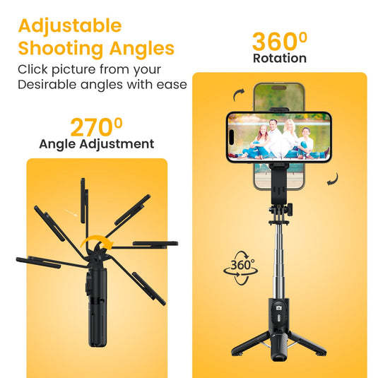 Portronics Lumistick mini Smart Selfie Stick come with 360 degree rotation and 270 degree adjustable shooting angle for best picture| Smart Selfie Stick online for travellers| Best Selfie Stick for content creator by portronics
