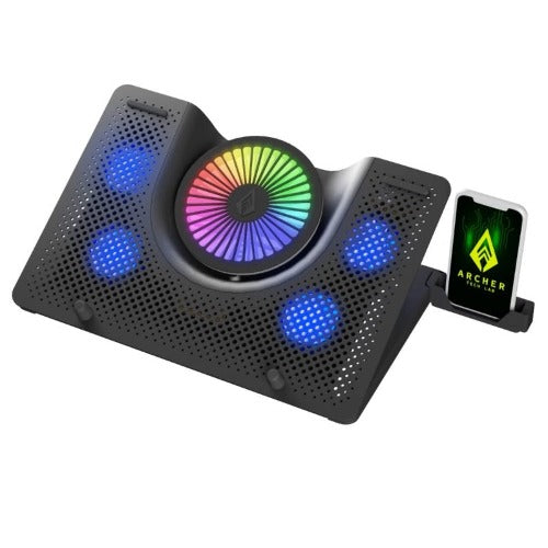 Archer Tech Lab Squall 100 RGB Gaming Laptop Cooling Pad with Aluminium Metal Grid, 5 Turbo Fans, Powered by USB Port, 5 Adjustable Angles, 2-Place Adjustable Phone Holder (Supports up-to 17" Laptop)