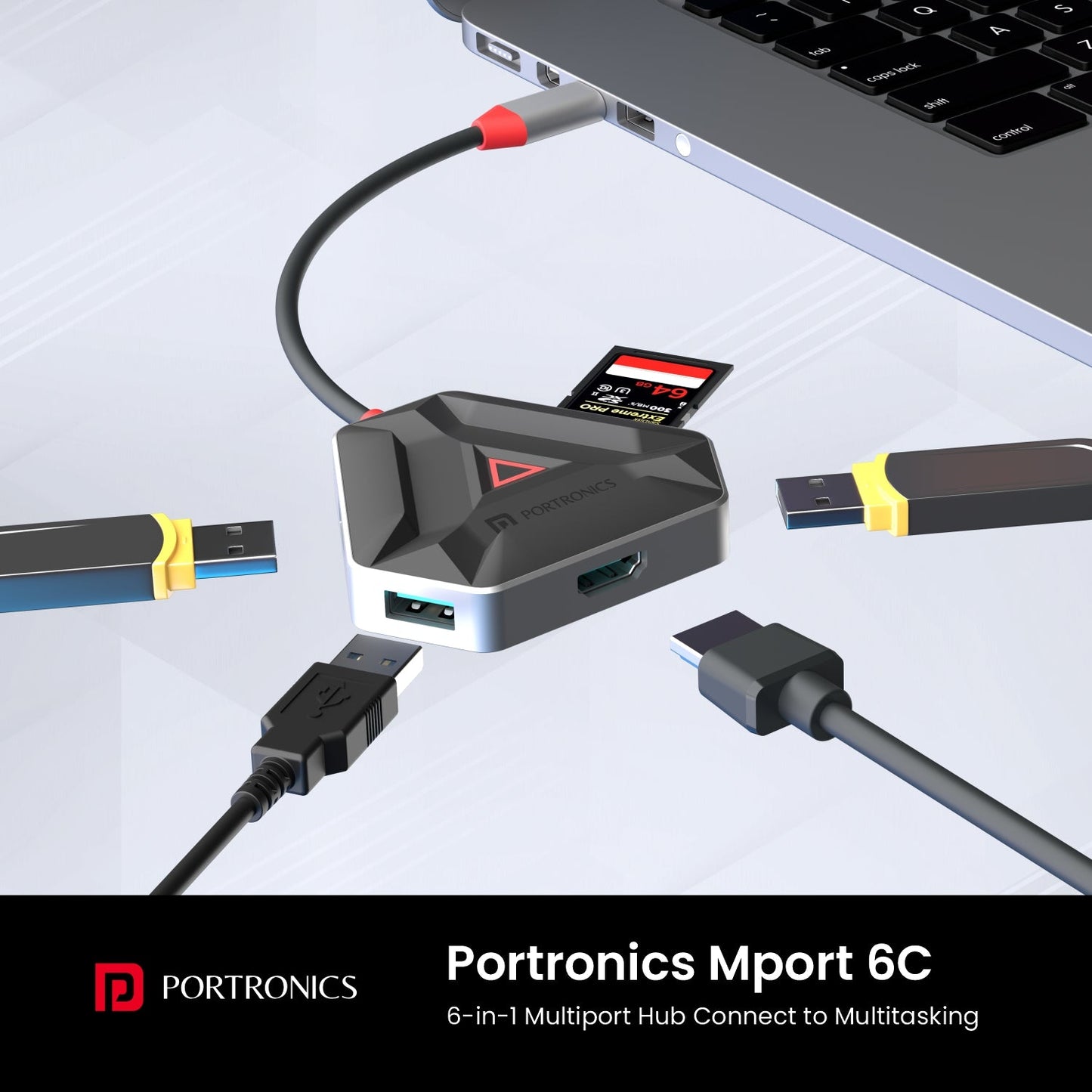 Black Portronics Mport 6C Multiport usb Hub