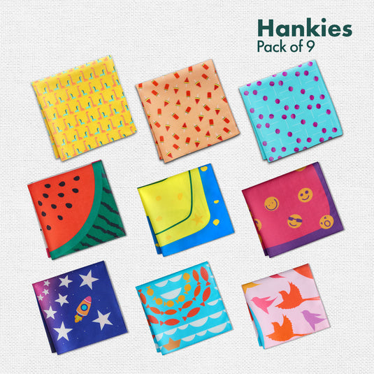 Magic & Mischief! Unisex Kid's Hankies, 100% Organic Cotton, Pack of 9