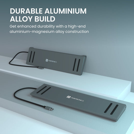 Portronics Mport 13C USB Multiport hub 13-in-1 docking station with USB, HDMI, Ethernet, & VGA ports, and Type-C PD charging slot along with TF & SD card slots. Grey