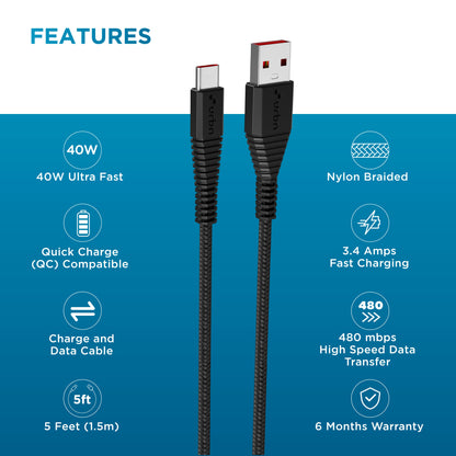 Nylon Type C - USB A 40w Cable