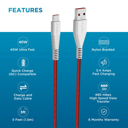 Nylon Type C - USB A 40w Cable