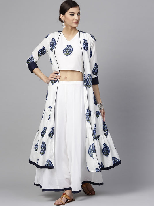 Solid Crop Top With Palazzo And Printed Longline Shrug