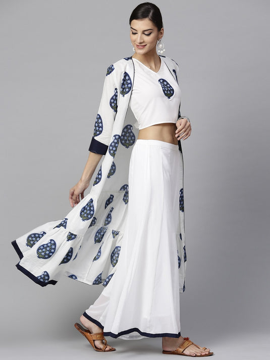 Solid Crop Top With Palazzo And Printed Longline Shrug