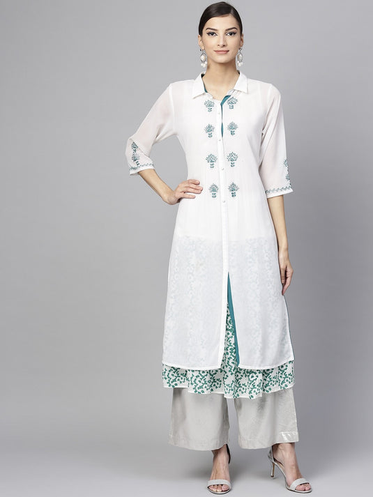 Solid Embroidered Upper With Block Printed Layered Kurta