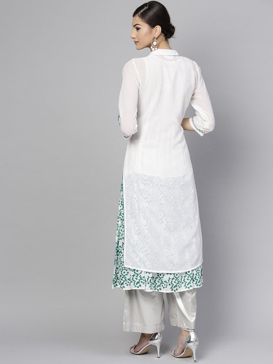 Solid Embroidered Upper With Block Printed Layered Kurta