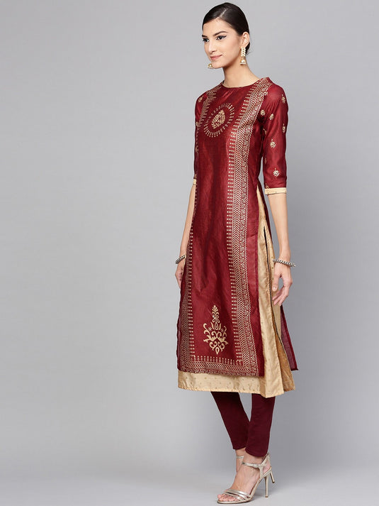 Golden Block Printed Layered Kurta