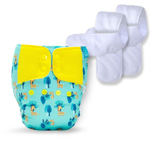 Bumberry Baby Pocket Diaper 2.0- Waterproof Reusable & Adjustable Cloth Diaper with leg gusset, wetfree lining & 2 extralong wetfree insert(6 -36 months,Baby Giraffe)