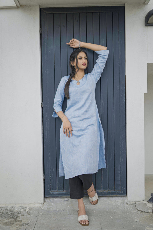 Ecentric Women Hemp Navy Blue Straight Kurta