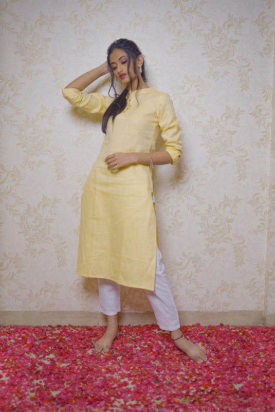 Ecentric Women Hemp Yellow Straight Kurta