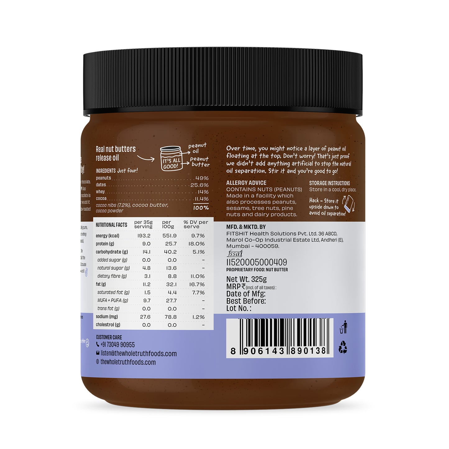 The Whole Truth - Dark Chocolate Protein Peanut Butter - 325g (9g Protein Per Serve)