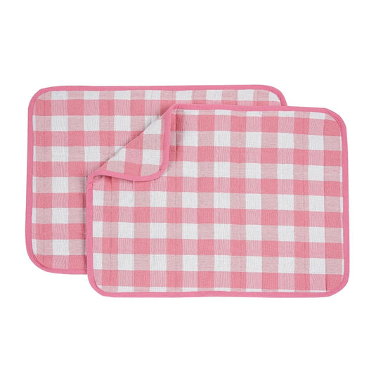 Dish Drying Mat for Kitchen Utensils, Reversible Absorbant Cotton Checks drying Mats, Washable, Counter top Cushion Pad Tableware, 46x61 Cms Pink by Lushomes (18x24 Inches, Set of 2)