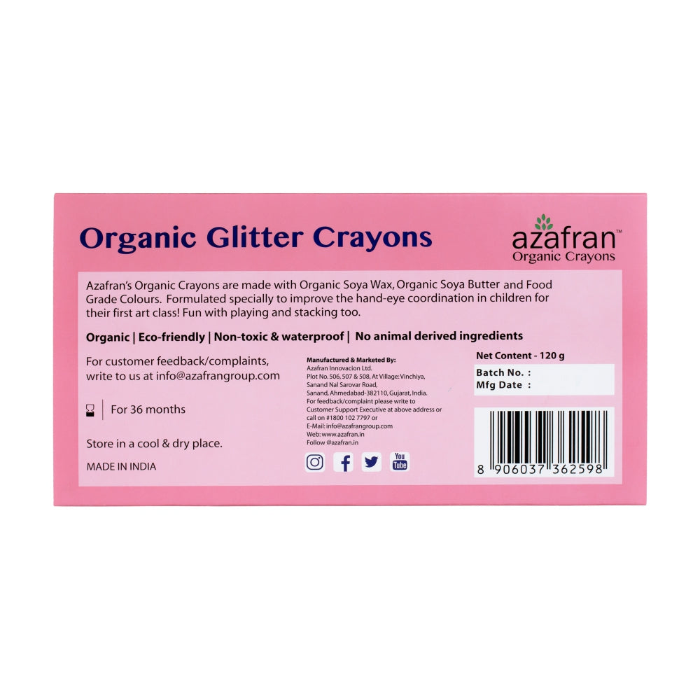 Organic Jumbo Glitter Crayons, 8 Colours, 120g