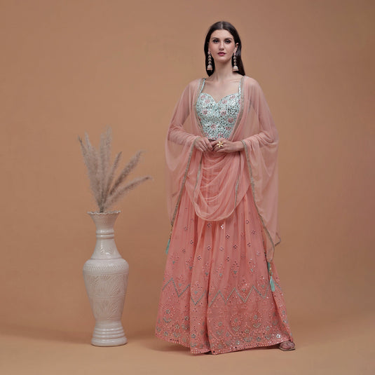 Pannkh Luxe Embroidered Blouse with Peach Lehenga and Dupatta Set