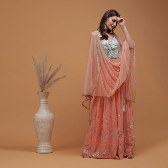 Pannkh Luxe Embroidered Blouse with Peach Lehenga and Dupatta Set