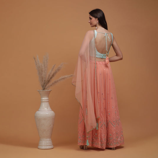 Pannkh Luxe Embroidered Blouse with Peach Lehenga and Dupatta Set