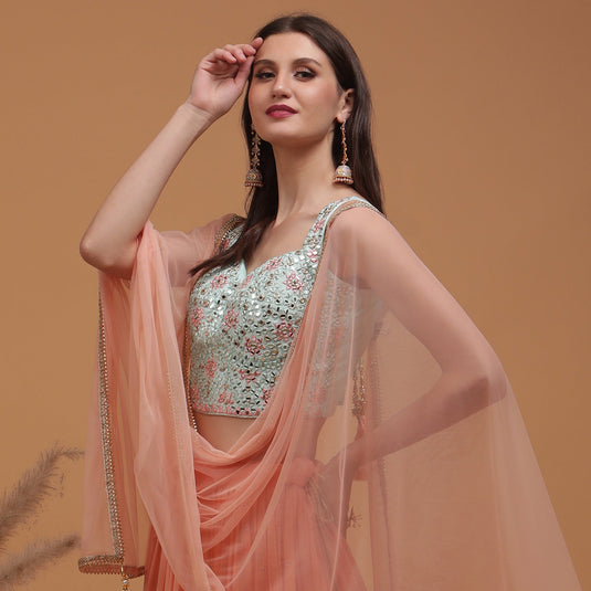 Pannkh Luxe Embroidered Blouse with Peach Lehenga and Dupatta Set