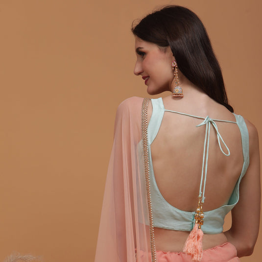 Pannkh Luxe Embroidered Blouse with Peach Lehenga and Dupatta Set