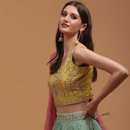 Pannkh Luxe Yellow Embroidered Blouse with Lehenga and Dupatta Set