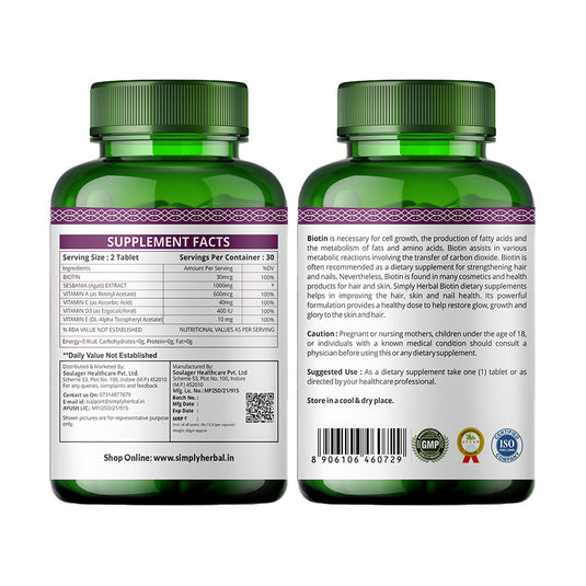 Simply Herbal Plant-Based Biotin With Keratin+Calcium for Hair Nail Skin -60 Tablets